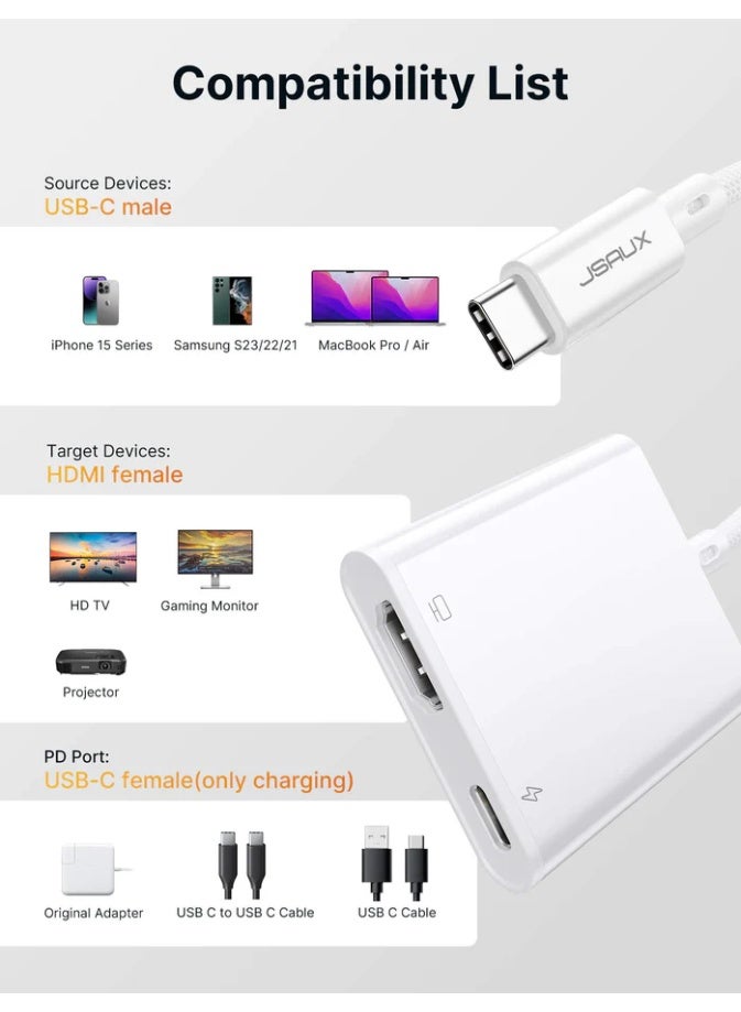 جيسوس محول Jsaux USB C إلى HDMI 2 في 1 - مخرج فيديو HDMI بدقة 4K وشحن USB-C بقوة 100 وات - Image 4